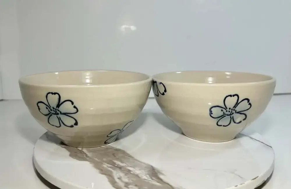 Pier One Imports Blue Hibiscus Flower Stoneware Bowls Set of Two
